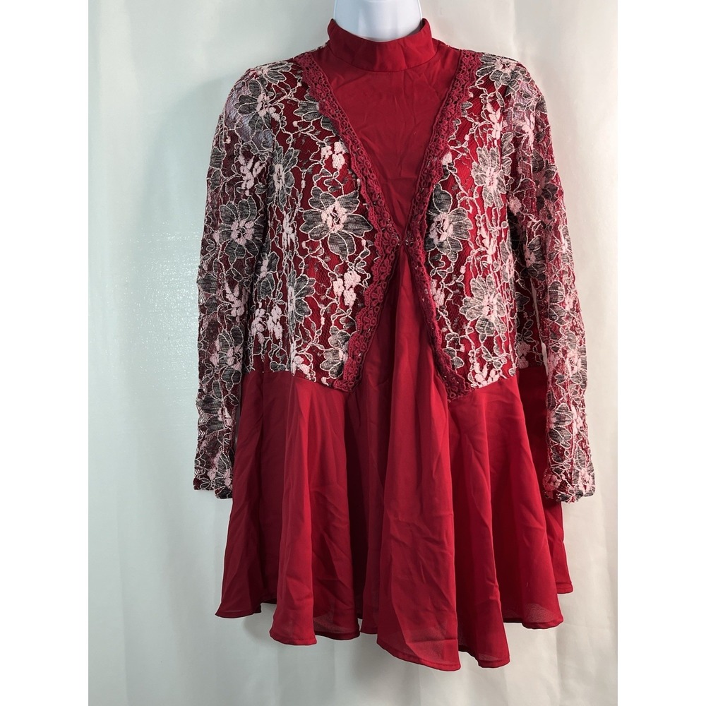 Altar'd State Womens D Mini Dress‎ Top Red Floral Mock Neck Fairy Whimsy Goth